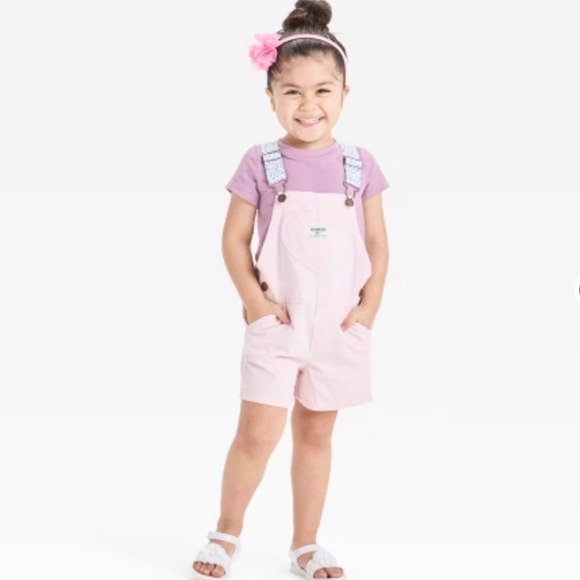 Oshkosh B'gosh Girls' 2T Heart-Print Knit Denim Overalls Pink - Picture 3 of 10